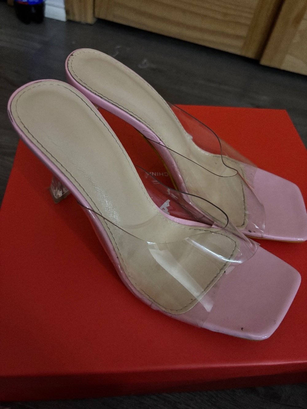 Pink Patent Clear Heel Mules | Square Toe | Size 7